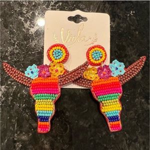 NWT Viola’ rainbow, multicolored, beaded cow bowl, floral, dangle, drop earrings